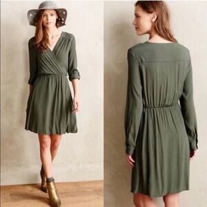 Anthropologie Maeve Lene Wrap Dress Size XS Olive Green Jersey Knit Long Sleeve